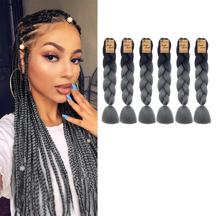 6 packs B35 Ombre Braid - Charcoal Gray Ombre Braiding Hair for Box Braids Cornrows Knotless Braids and Twists Hairstyles - Two-Toned Ombre Braid with Colors Black and Dark Grey
