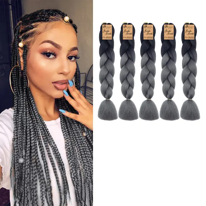5 packs B35 Ombre Braid - Charcoal Gray Ombre Braiding Hair for Box Braids Cornrows Knotless Braids and Twists Hairstyles - Two-Toned Ombre Braid with Colors Black and Dark Grey