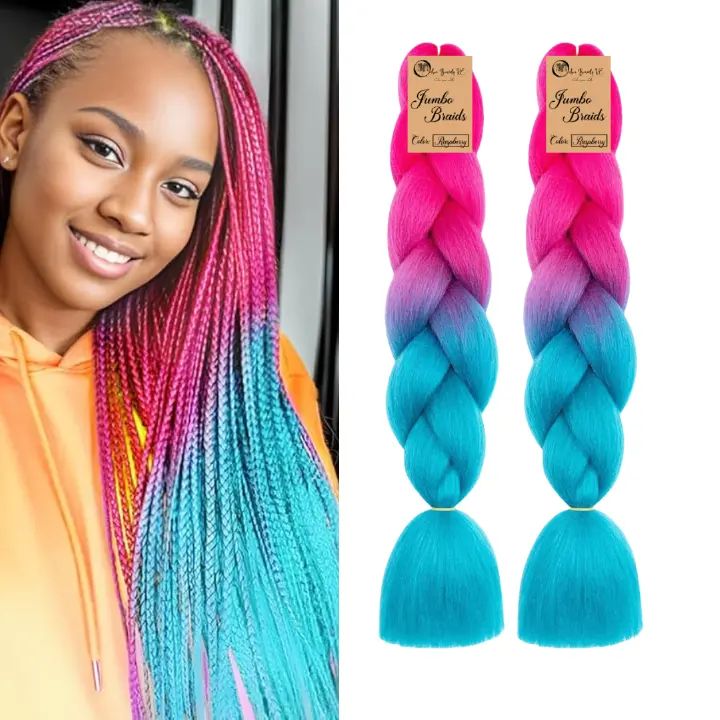 2 packs B41 Ombre Braid - Raspberry Ombre Braiding Hair for Box Braids Cornrows Knotless Braids and Twists Hairstyles - Two-Toned Ombre Braid with Colors Pink and Cyan Blue