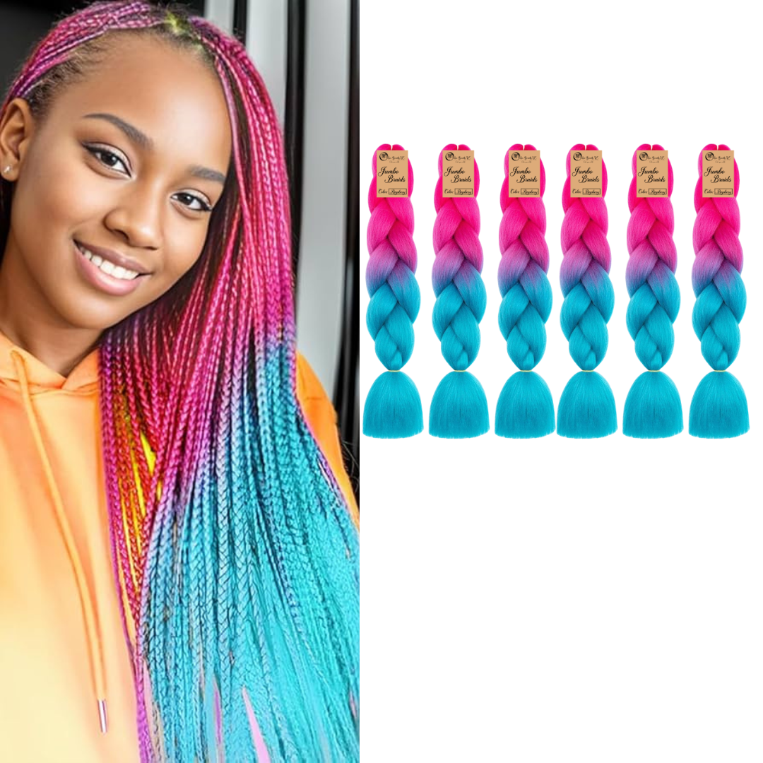 6 packs B41 Ombre Braid - Raspberry Ombre Braiding Hair for Box Braids Cornrows Knotless Braids and Twists Hairstyles - Two-Toned Ombre Braid with Colors Pink and Cyan Blue
