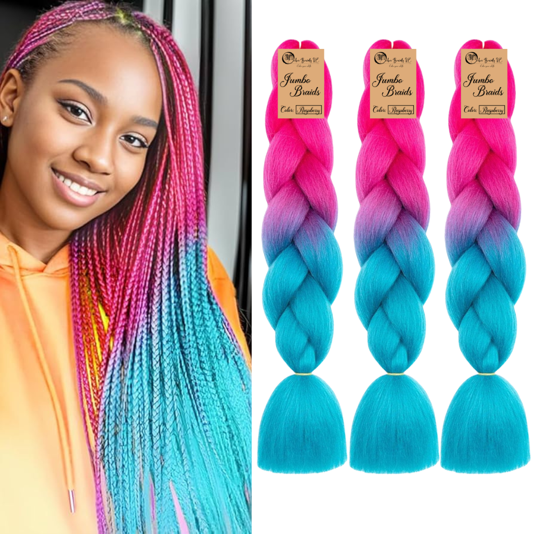3 packs B41 Ombre Braid - Raspberry Ombre Braiding Hair for Box Braids Cornrows Knotless Braids and Twists Hairstyles - Two-Toned Ombre Braid with Colors Pink and Cyan Blue
