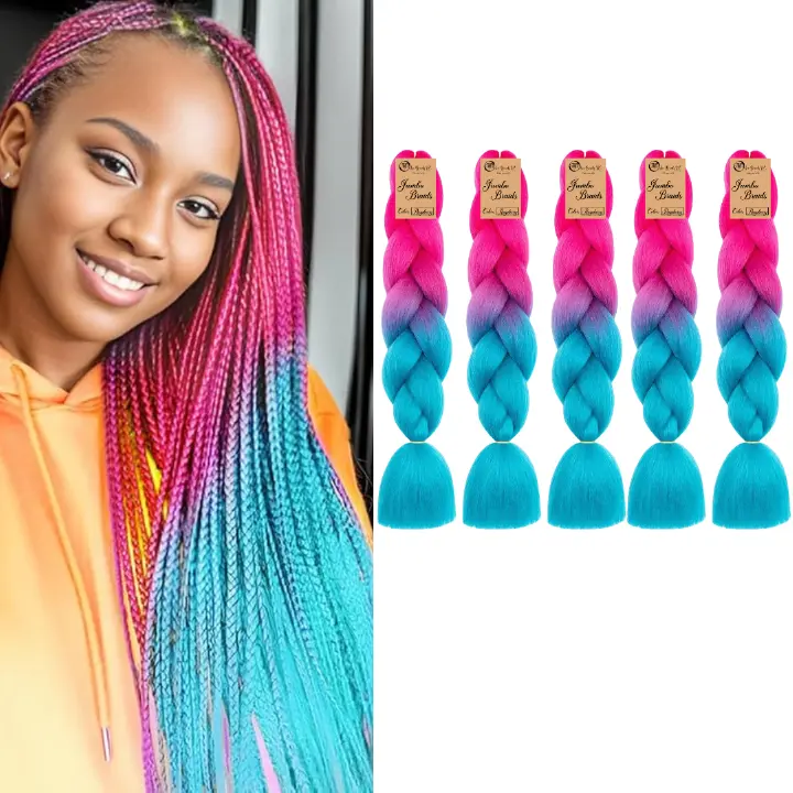 5 packs B41 Ombre Braid - Raspberry Ombre Braiding Hair for Box Braids Cornrows Knotless Braids and Twists Hairstyles - Two-Toned Ombre Braid with Colors Pink and Cyan Blue