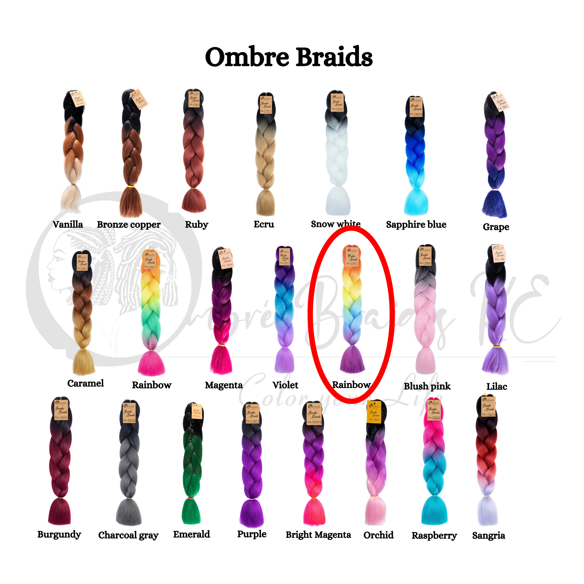 2 packs D4 Ombre Braid - Rainbow Ombre Braiding Hair for Box Braids Cornrows Knotless Braids and Twists Hairstyles - Four-Toned Ombre Braid with Colors Orange, Yellow, Blue and Purple