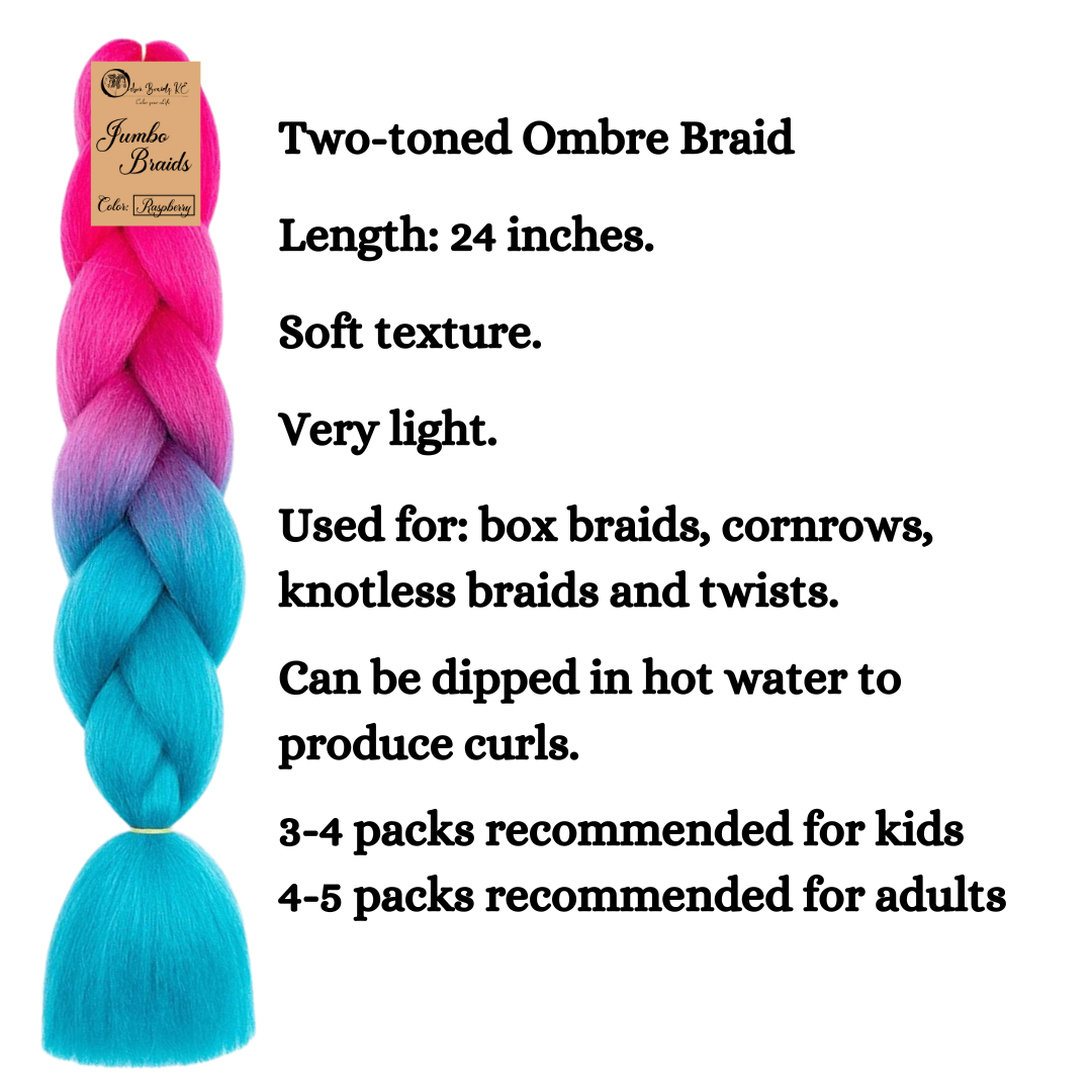 3 packs B41 Ombre Braid - Raspberry Ombre Braiding Hair for Box Braids Cornrows Knotless Braids and Twists Hairstyles - Two-Toned Ombre Braid with Colors Pink and Cyan Blue