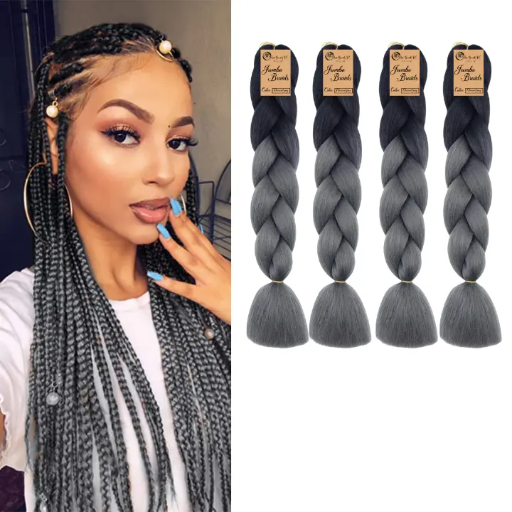 4 packs B35 Ombre Braid - Charcoal Gray Ombre Braiding Hair for Box Braids Cornrows Knotless Braids and Twists Hairstyles - Two-Toned Ombre Braid with Colors Black and Dark Grey