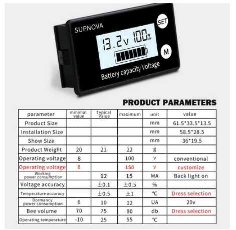 Battery Capacity Indicator DC 8V-100V Lead Acid Lithium LiFePO4 Car Motorcycle Voltmeter Voltage Gauge 12V 24V 48V 72V