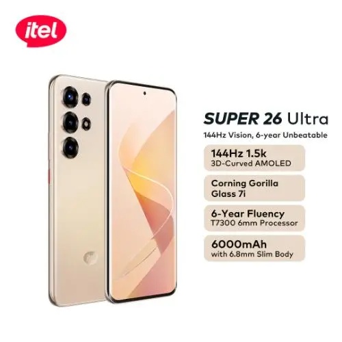 DISCOUNT DEALS!! ITEL S26 ULTRA: 6.78" Curved Gorilla Glass | Upto 16(8+8)GB RAM+256GB ROM | 6000mAh Battery | 50MP Rear & 32MP Selfie Camera | Android 15 | Dual SIM | Side-Fingerprint | FREE GIFTS