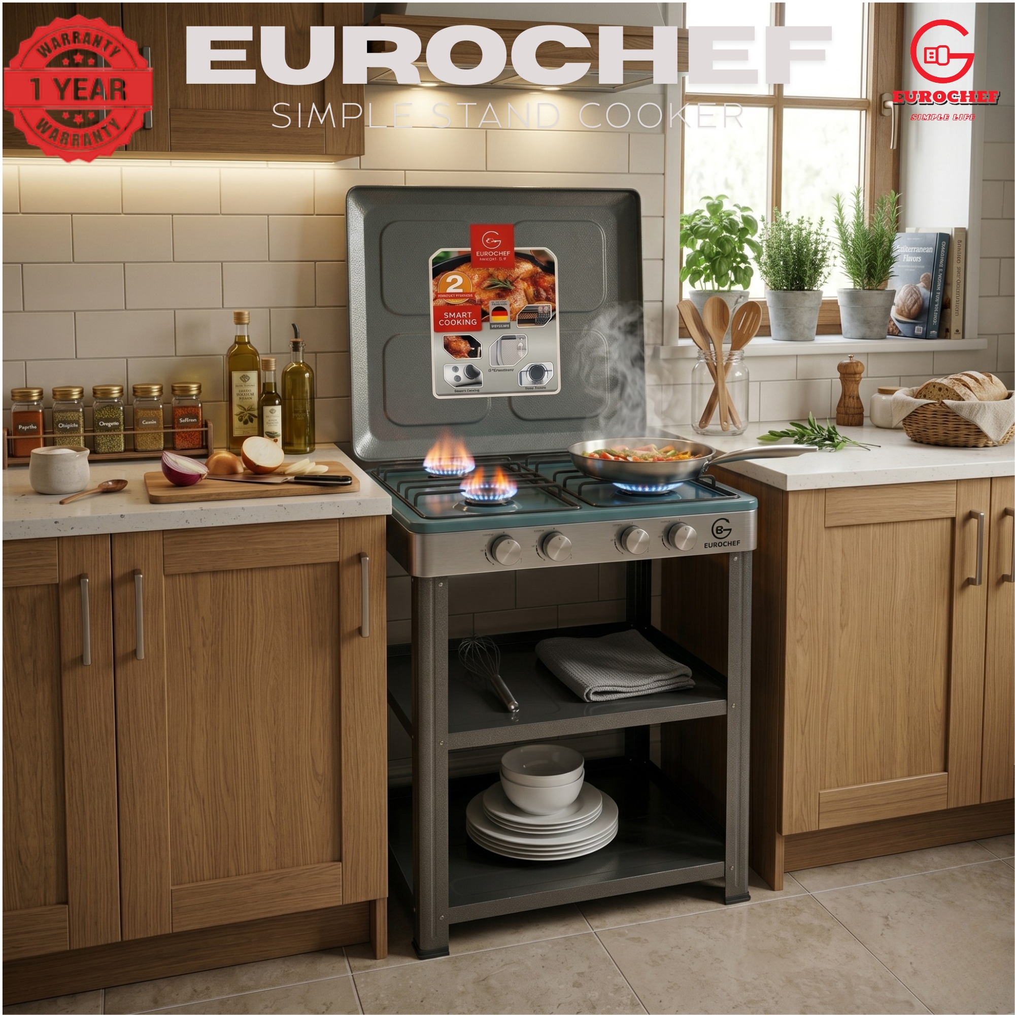 【Exclusive Offer】 EUROCHEF EC-6074(4G)  Simple Standing Cooker Full 4 Gas Cooker With Shelves & No Oven
