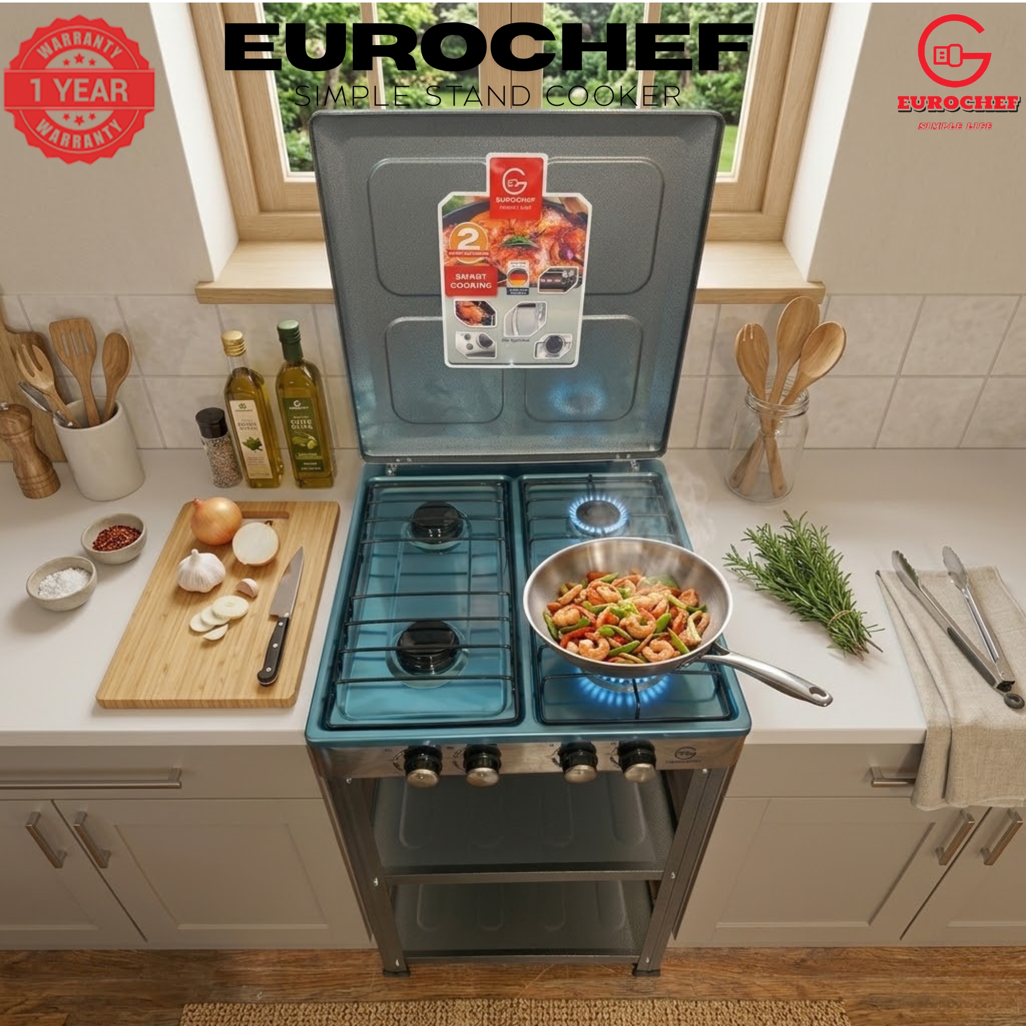 【Exclusive Offer】 EUROCHEF EC-6074(4G)  Simple Standing Cooker Full 4 Gas Cooker With Shelves & No Oven