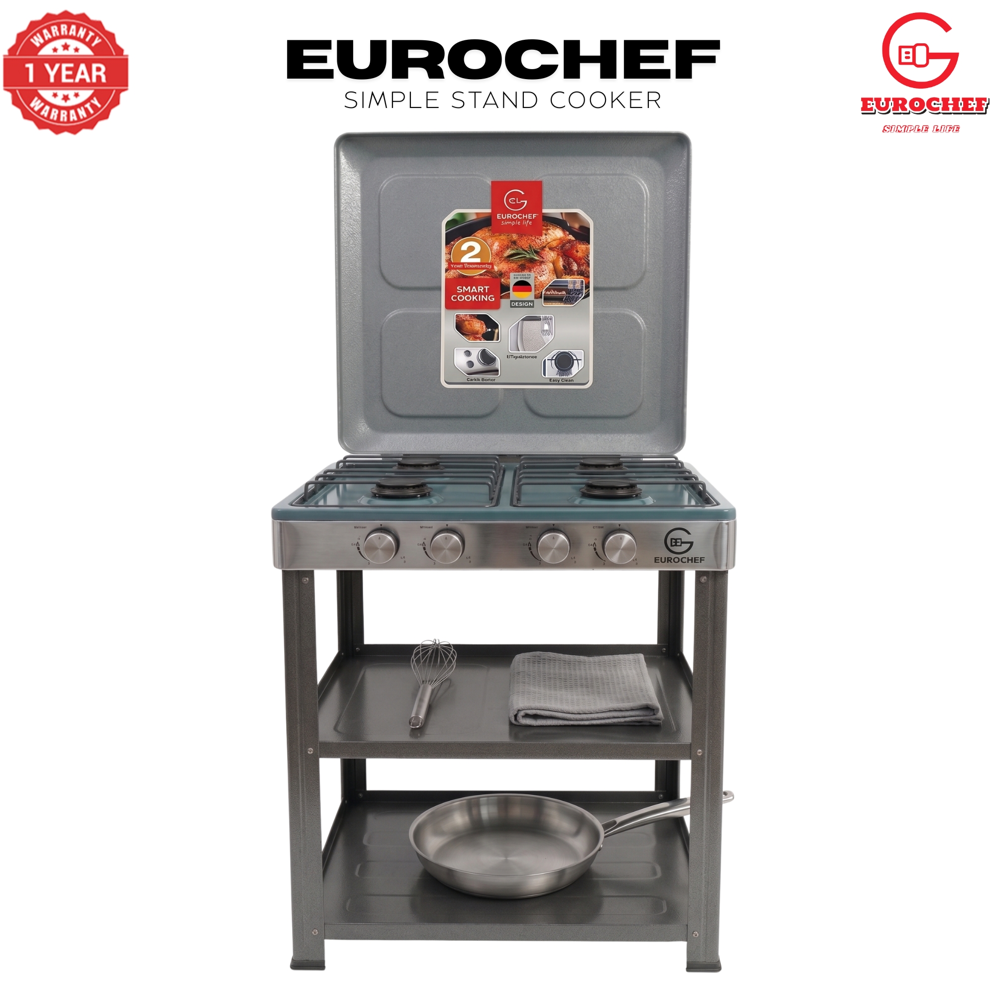 【Exclusive Offer】 EUROCHEF EC-6074(4G)  Simple Standing Cooker Full 4 Gas Cooker With Shelves & No Oven