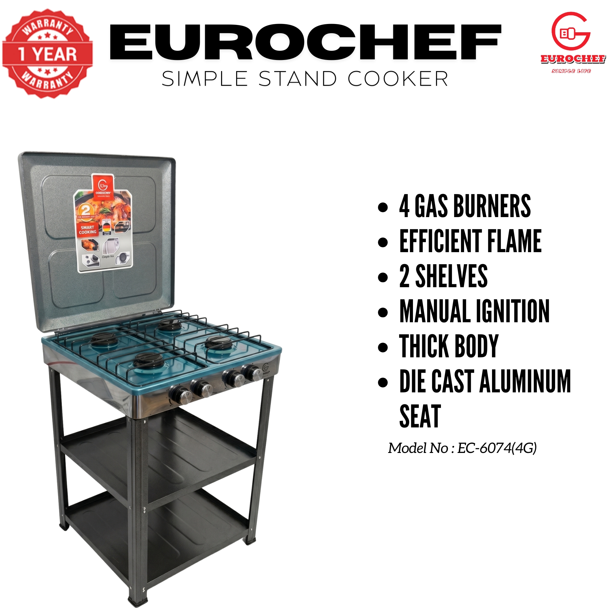 【Exclusive Offer】 EUROCHEF EC-6074(4G)  Simple Standing Cooker Full 4 Gas Cooker With Shelves & No Oven
