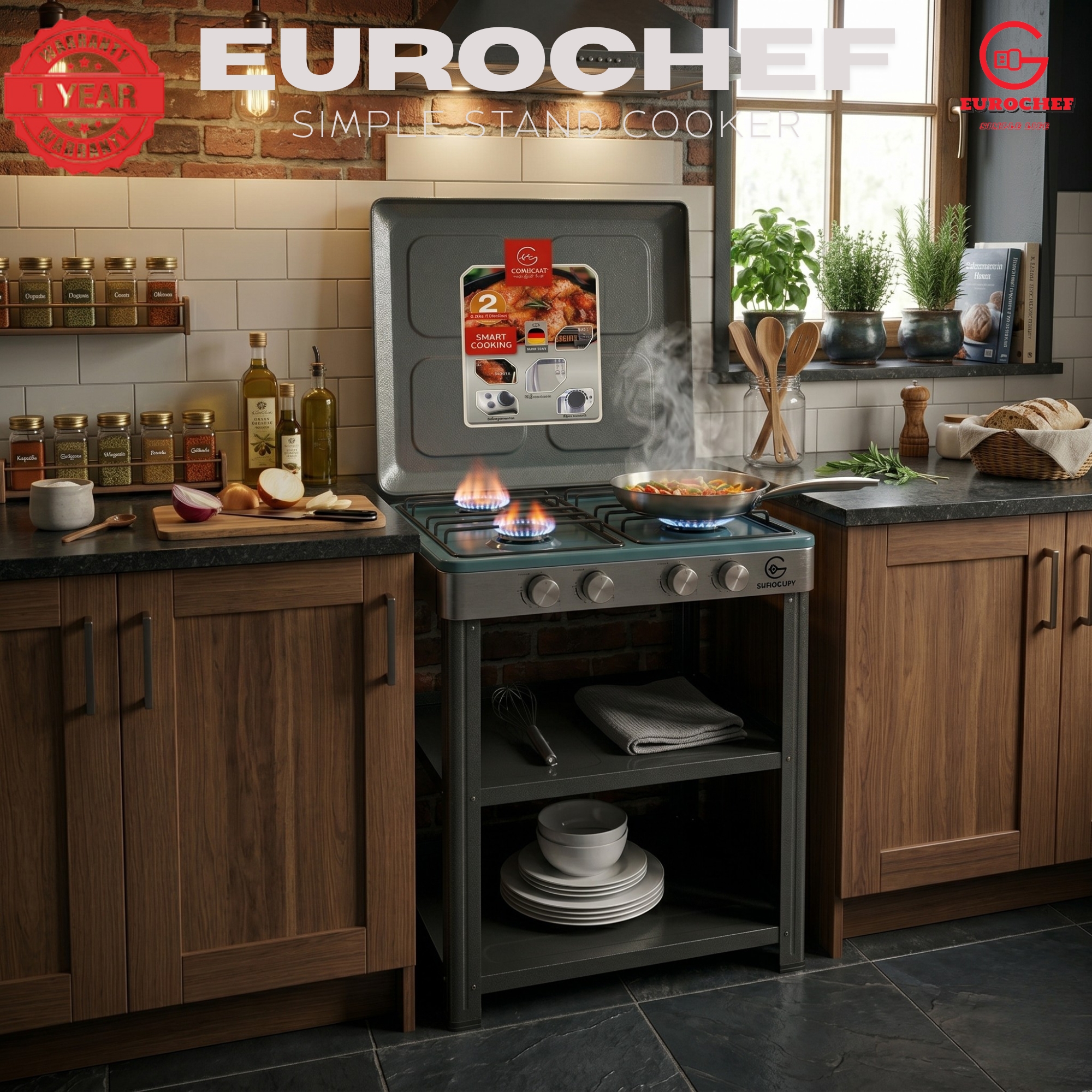 【Exclusive Offer】 EUROCHEF EC-6074(4G)  Simple Standing Cooker Full 4 Gas Cooker With Shelves & No Oven