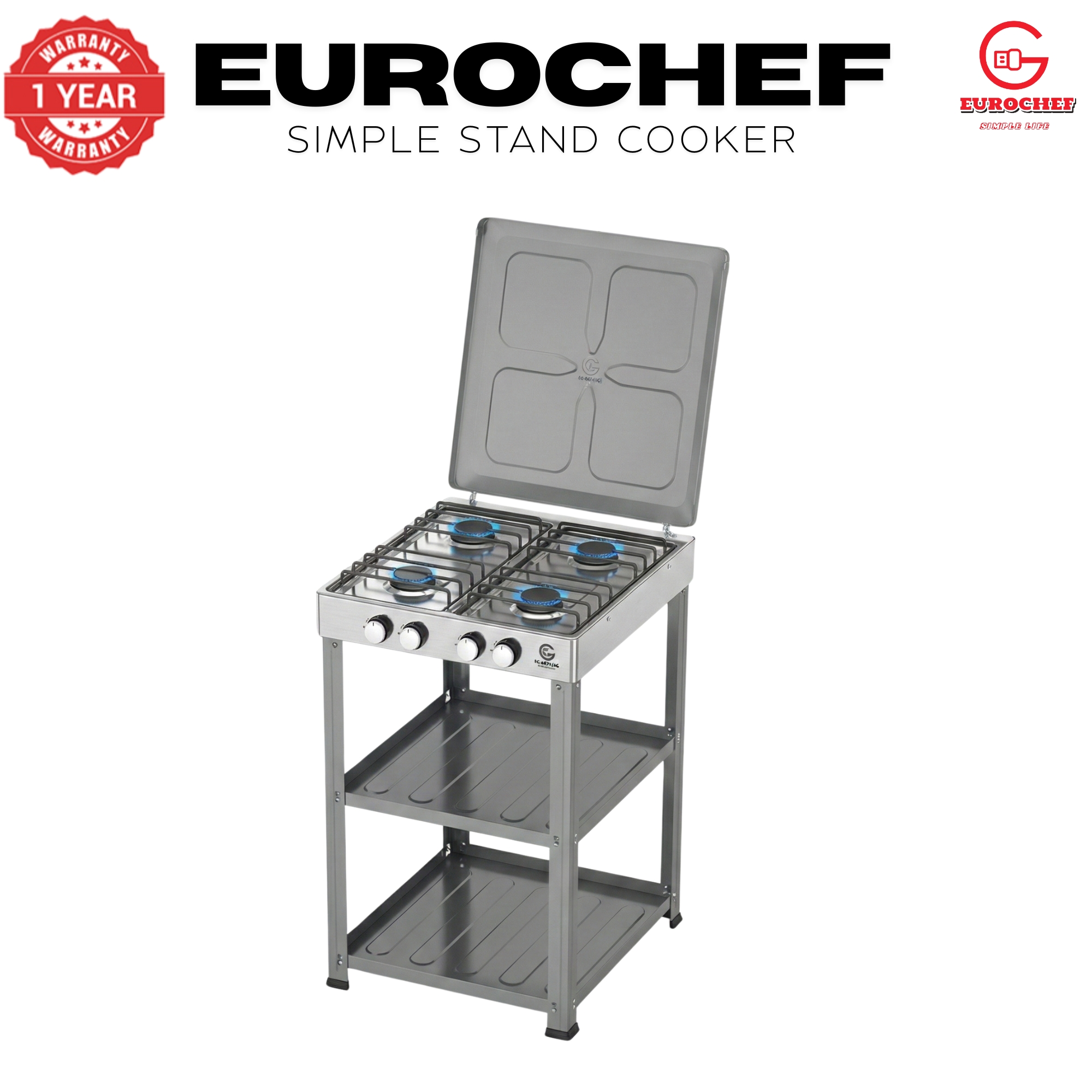【Exclusive Offer】 EUROCHEF EC-6074(4G)  Simple Standing Cooker Full 4 Gas Cooker With Shelves & No Oven