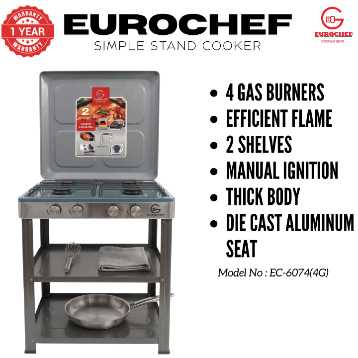 【Exclusive Offer】 EUROCHEF EC-6074(4G)  Simple Standing Cooker Full 4 Gas Cooker With Shelves & No Oven