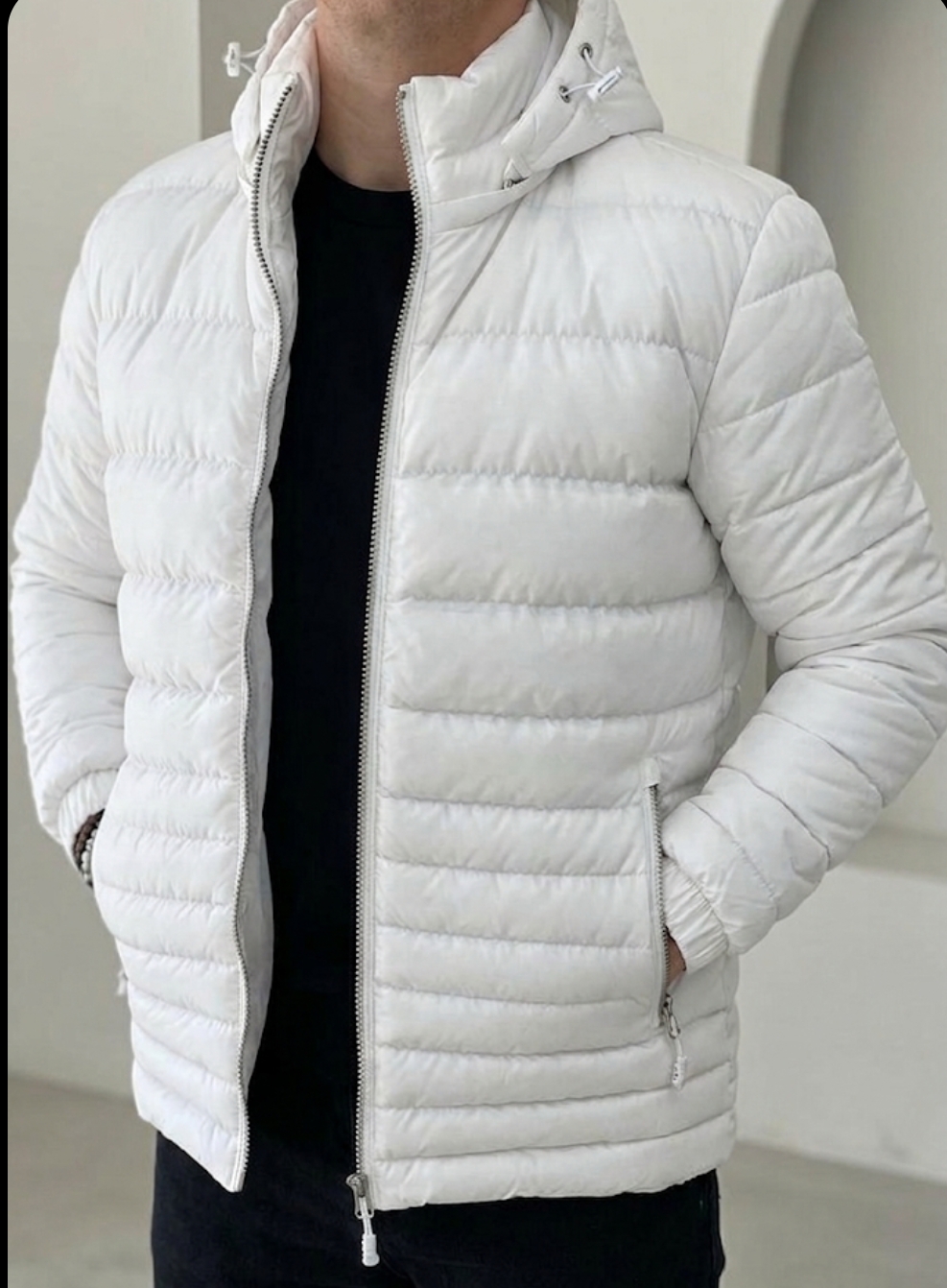 Fashion White Woolen Puff Jacket With Detachable hoodie cap Cotton Material woolen Inner Lining Jacket For men