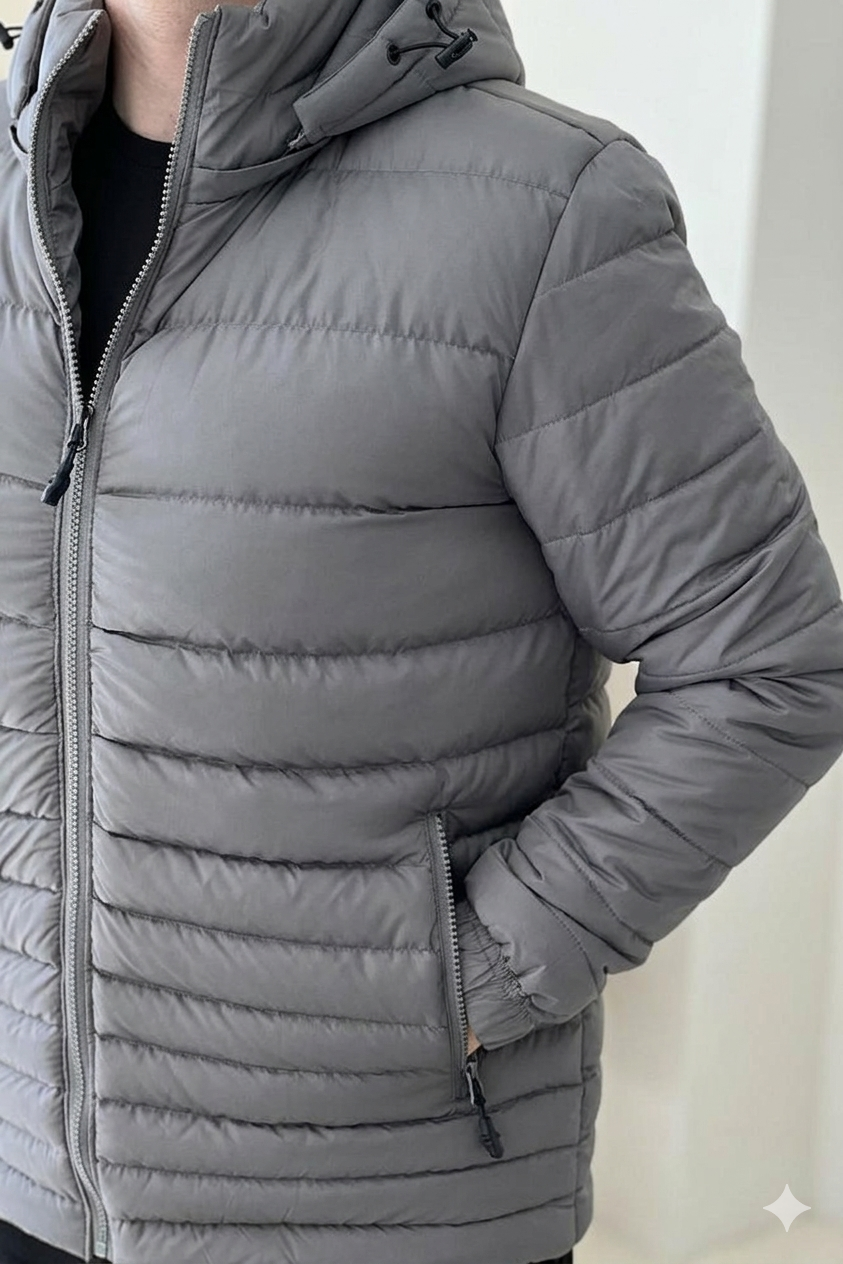 Woolen Grey Puff Jacket With Detachable hoodie cap Cotton Material woolen Inner Lining Jacket For men