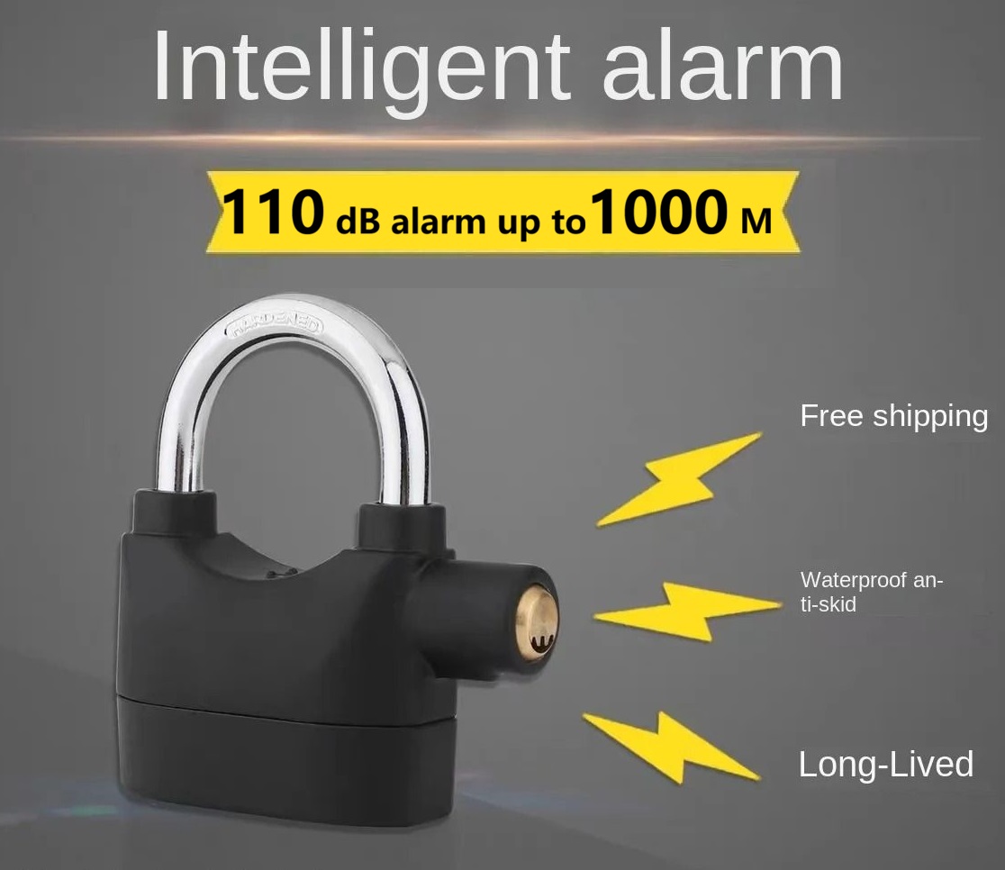 Smart Alarm Lock Security Padlock Siren Home Tools Household Sensors Alarms Lock Aluminum Alloy Anti-Theft Lock Warehouse Door Lock Bicycle Motorcycle Disc Brake Lock Anti-Theft Lock 6 Batteries 3 key