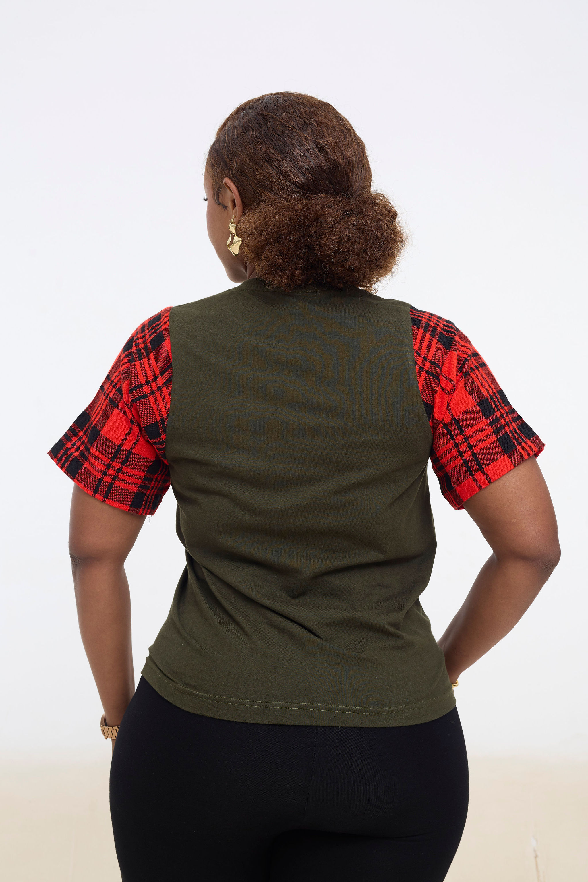 Olive Green T-Shirt with Maasai Shuka Sleeves
