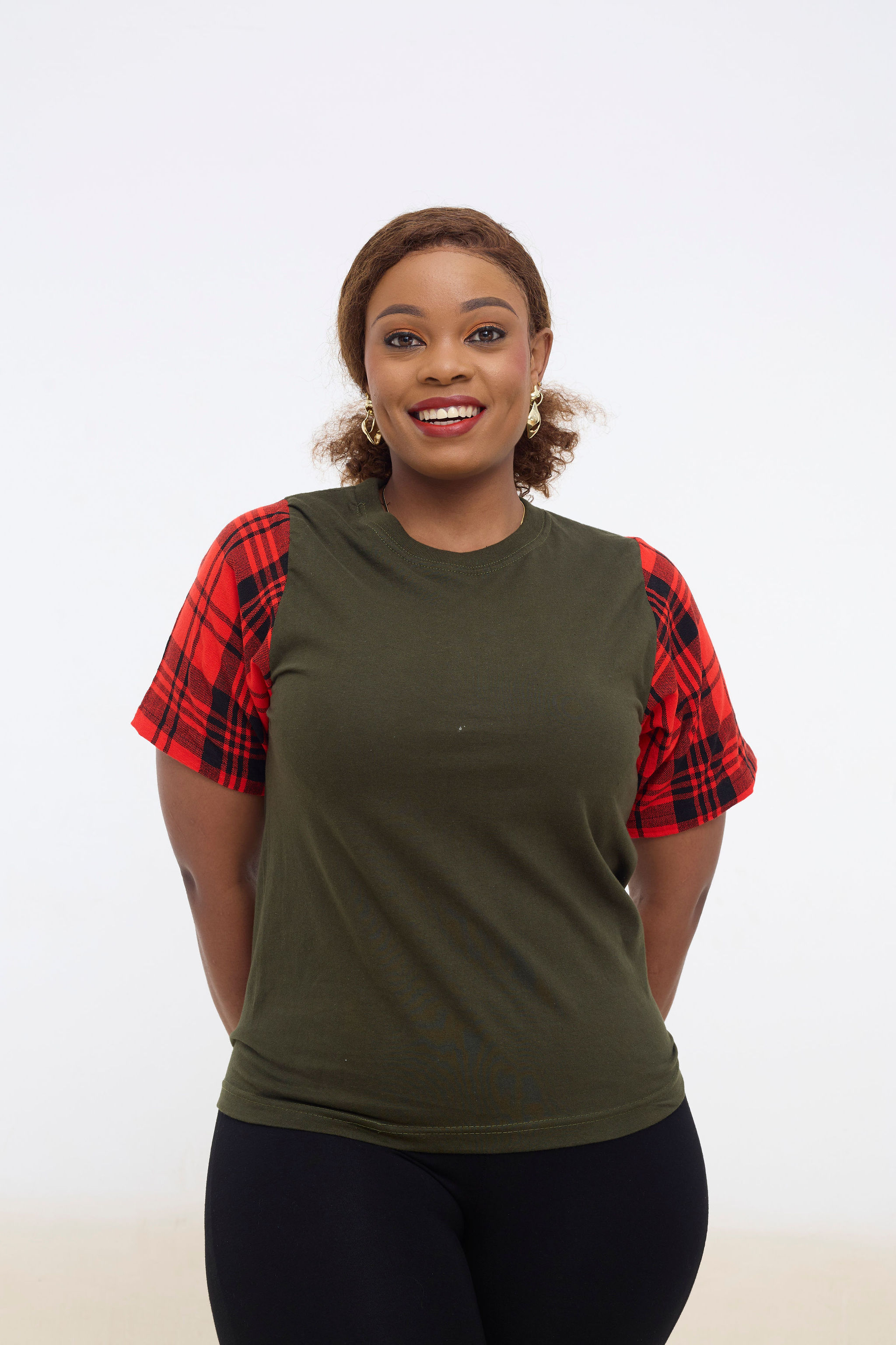 Olive Green T-Shirt with Maasai Shuka Sleeves