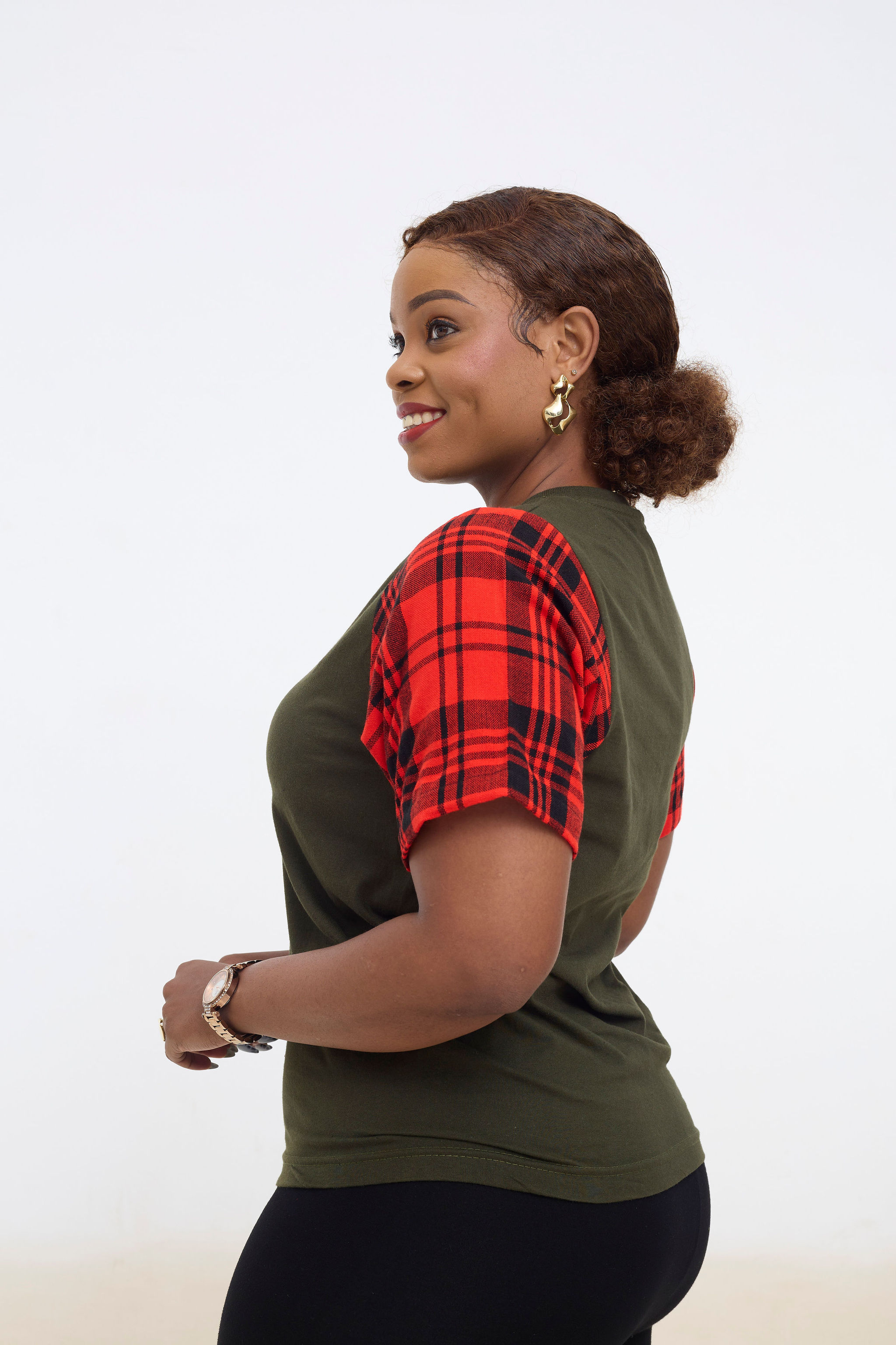 Olive Green T-Shirt with Maasai Shuka Sleeves