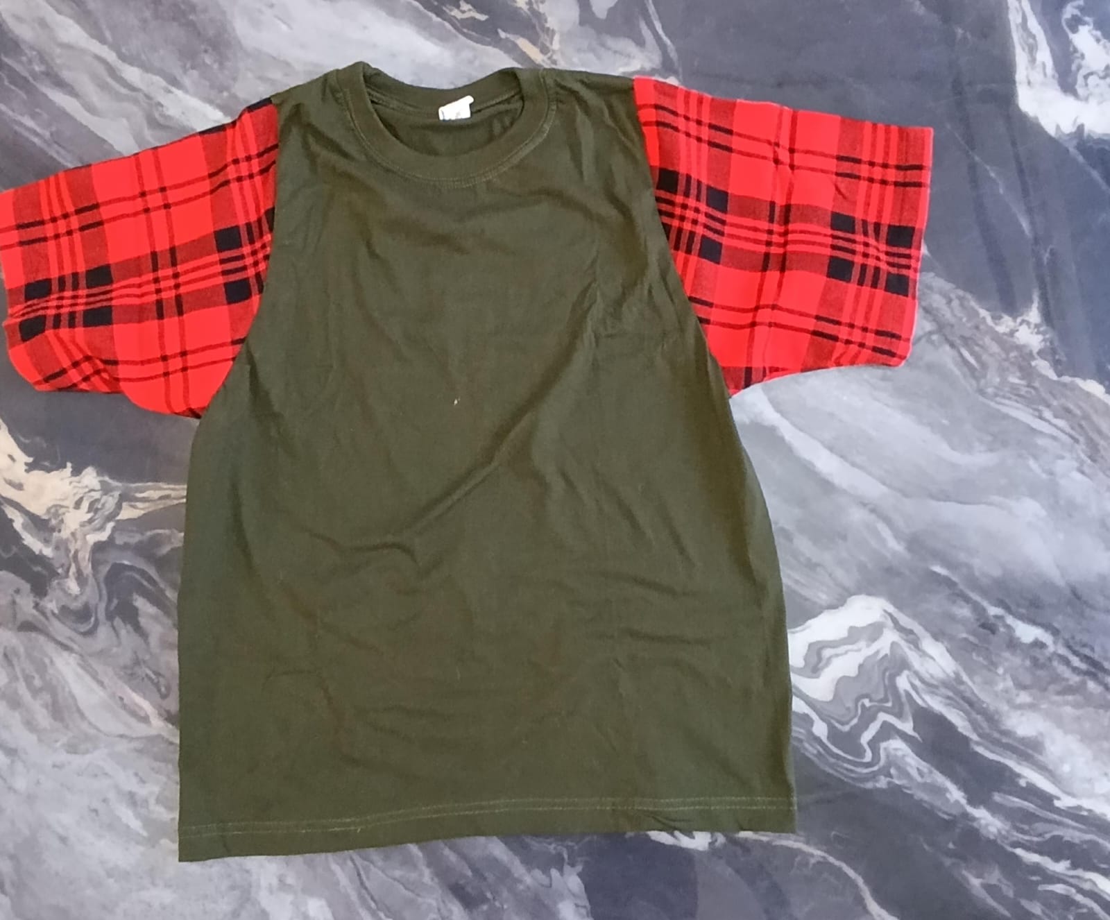 Olive Green T-Shirt with Maasai Shuka Sleeves