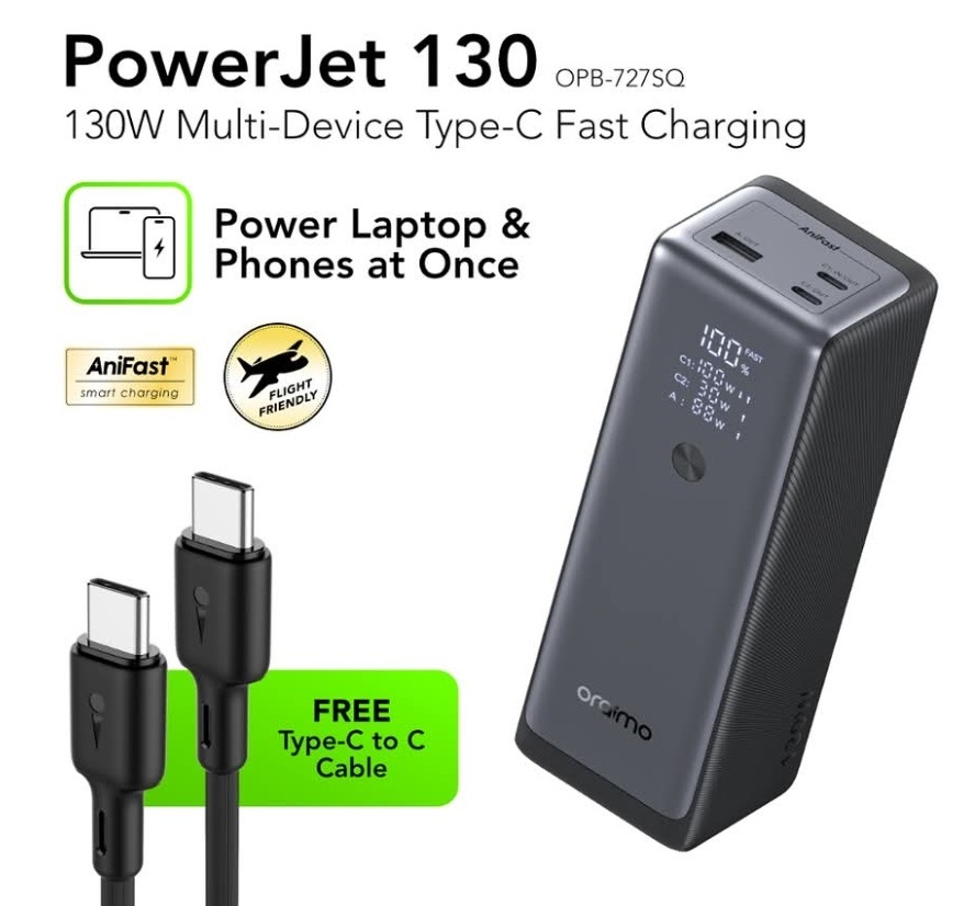 Oraimo PowerJet 130 Ultra Fast Power Bank 27600mAh,130W Multi-Device Type-C Charging for Laptops,MacBooks & Phones, AniFast Smart Charge, Smart Digital Display,Flight Friendly (OPB-727SQ) + FREE CABLE