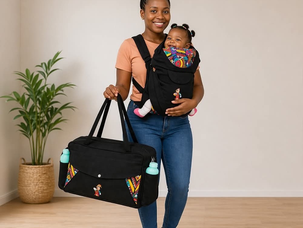 The DuoPack: Carrier & Diaper Bag.(ASSORTED ANKARA PATCHES AND DECORATION).