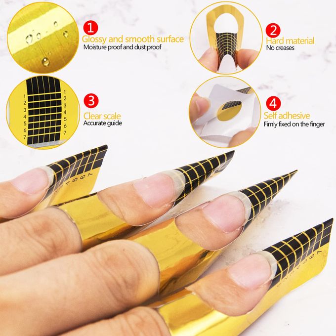 500 Pieces Acrylic Nail Forms, Gold Nail Extension Forms, Self-Adhesive Dual Forms for Poly Ge/Builder Gel Nail Stickers for Poly Gel/Extension/Acrylic Nail Molds Builder, Polygel N
