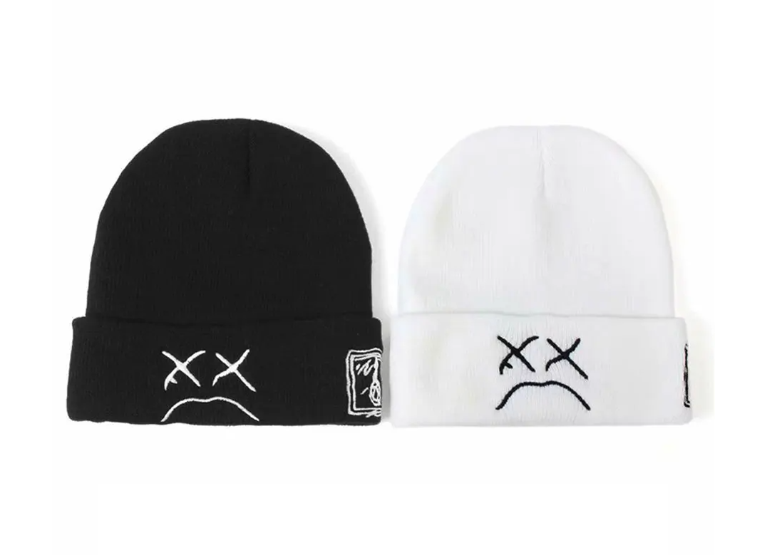 Beanie, Knitted Hat, hip-hop style, Embroidered Knitted hat with sad Expression, Warm Woolen hat for men and women