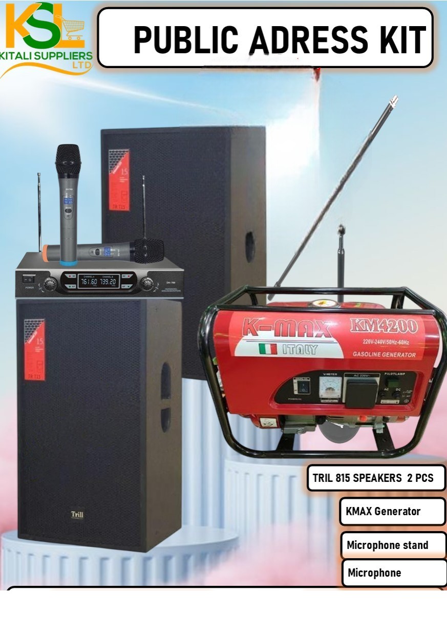Complete Public Address Kit – 2PCS TRILL 815 Speakers, KMAX 4200 Generator, Mic Stand & Microphone 🔊⚡🎤