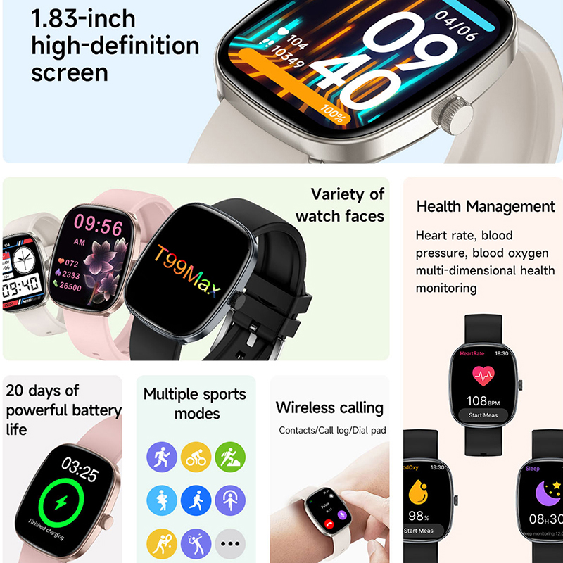 T99Max SmartWatch Bluetooth Call Smart Watches Heart Rate/Blood Pressure/Blood Oxyge Monitor Smart Bracelet Wristband IP68 Waterproof Smartwatch Sports Fitness Watch With Multiple Sports Modes