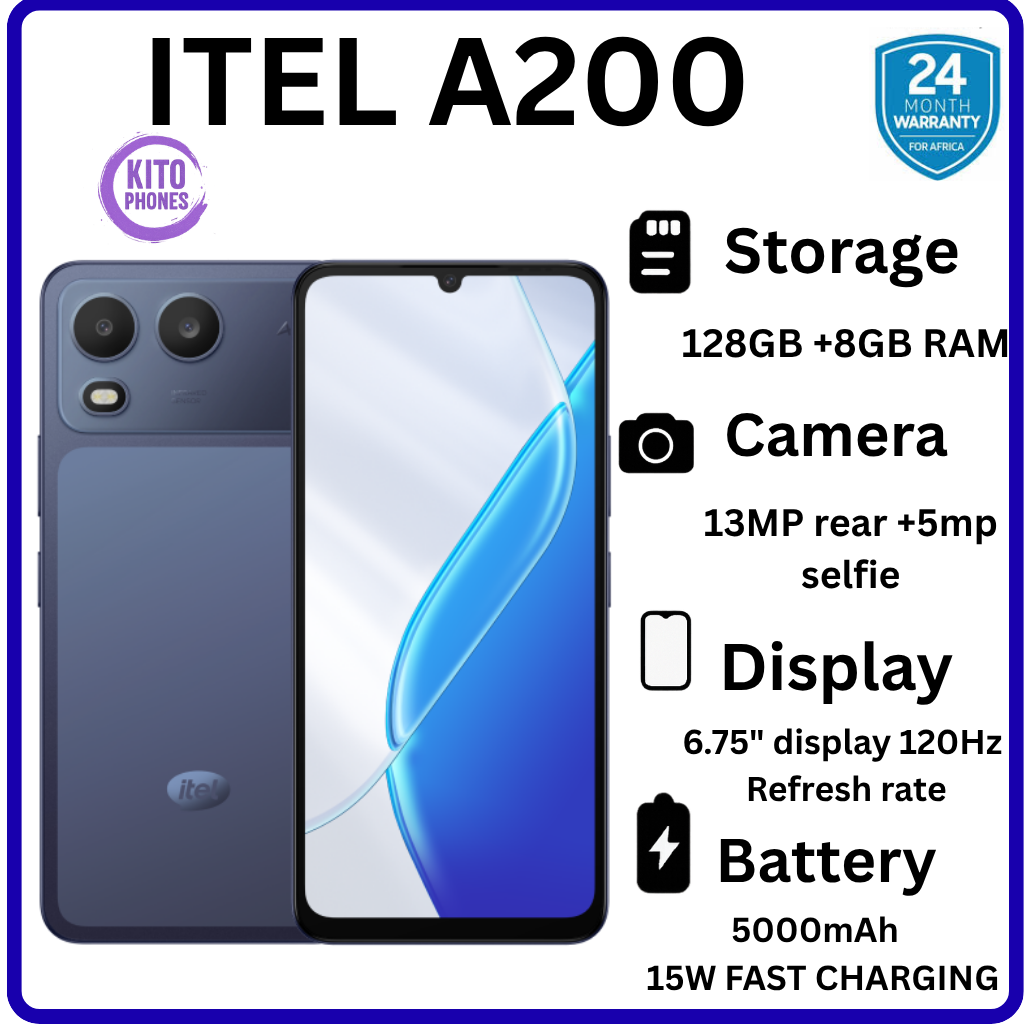 BRAND NEW ITEL A200 128GB ROM+8GB(3+5GB) EXTENDED RAM 6.75" Dual SIM 4G Network 13MP Camera+ 5MP SELFIE 15W Charging 5000mAh Battery Android 15 Fingerprint Unlock Smart Phones+FREE
