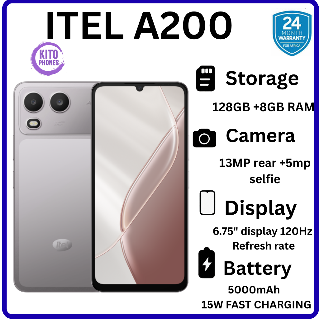 BRAND NEW ITEL A200 128GB ROM+8GB(3+5GB) EXTENDED RAM 6.75" Dual SIM 4G Network 13MP Camera+ 5MP SELFIE 15W Charging 5000mAh Battery Android 15 Fingerprint Unlock Smart Phones+FREE