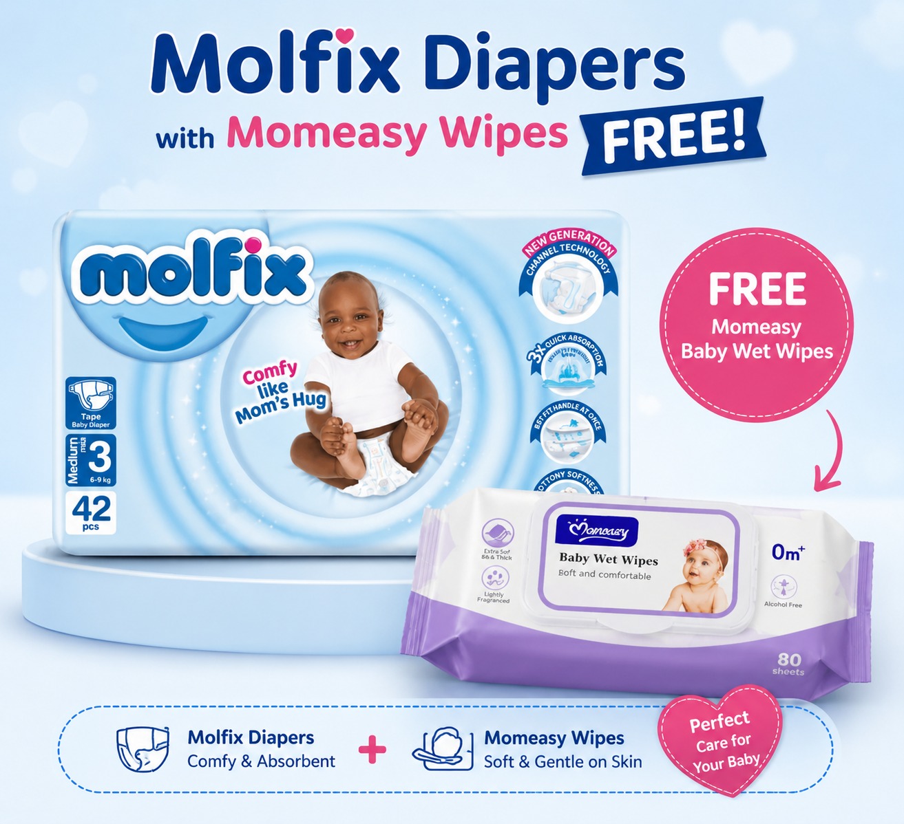 Molfix Baby Diapers + Free Momeasy Wet Wipes