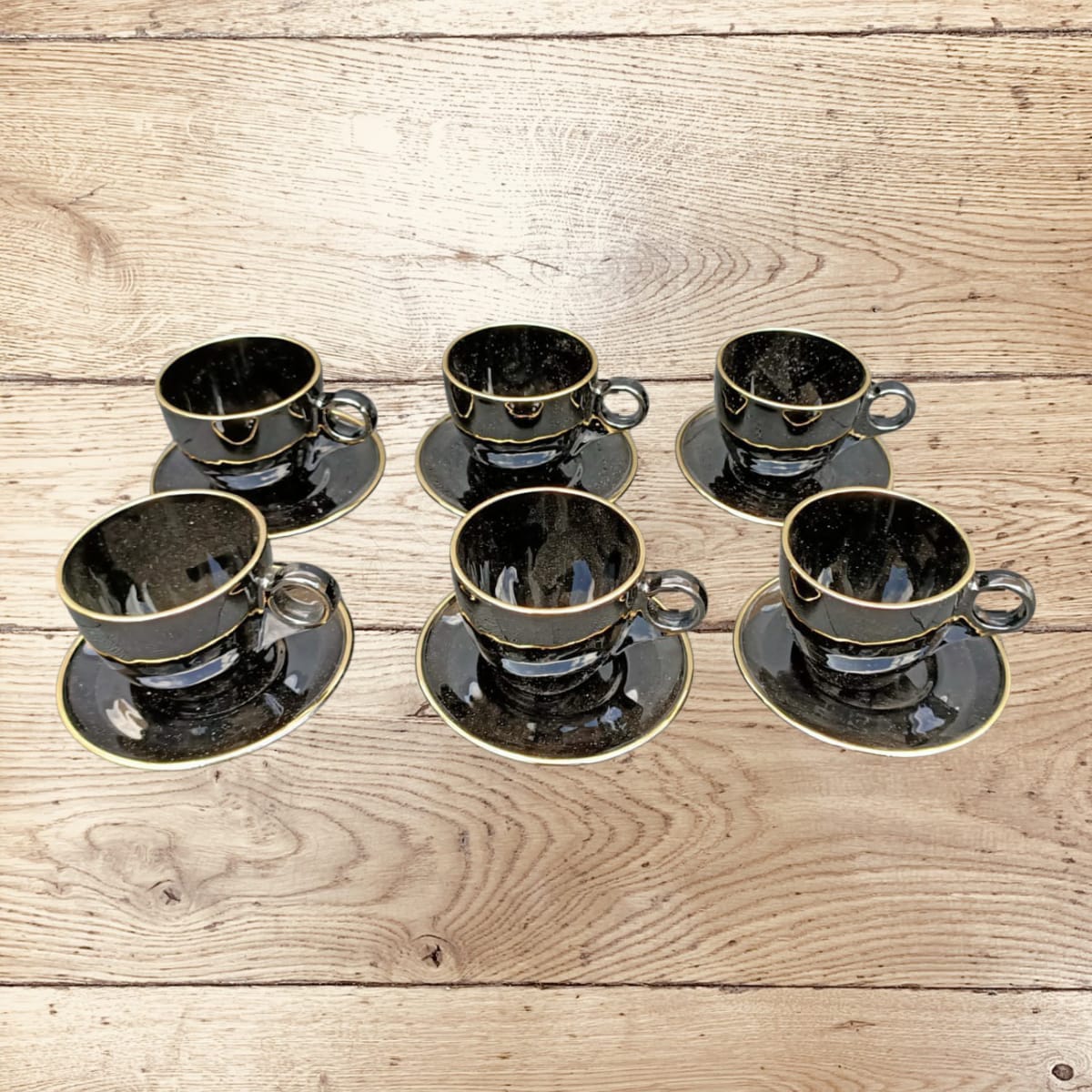 🎯 SMART OFFER 🎯  - 6pcs Black Cup & Saucer Set 180ml Gold Rim Luxury Coffee Tea Cups Elegant Durable Ceramic Home Dining Premium Quality