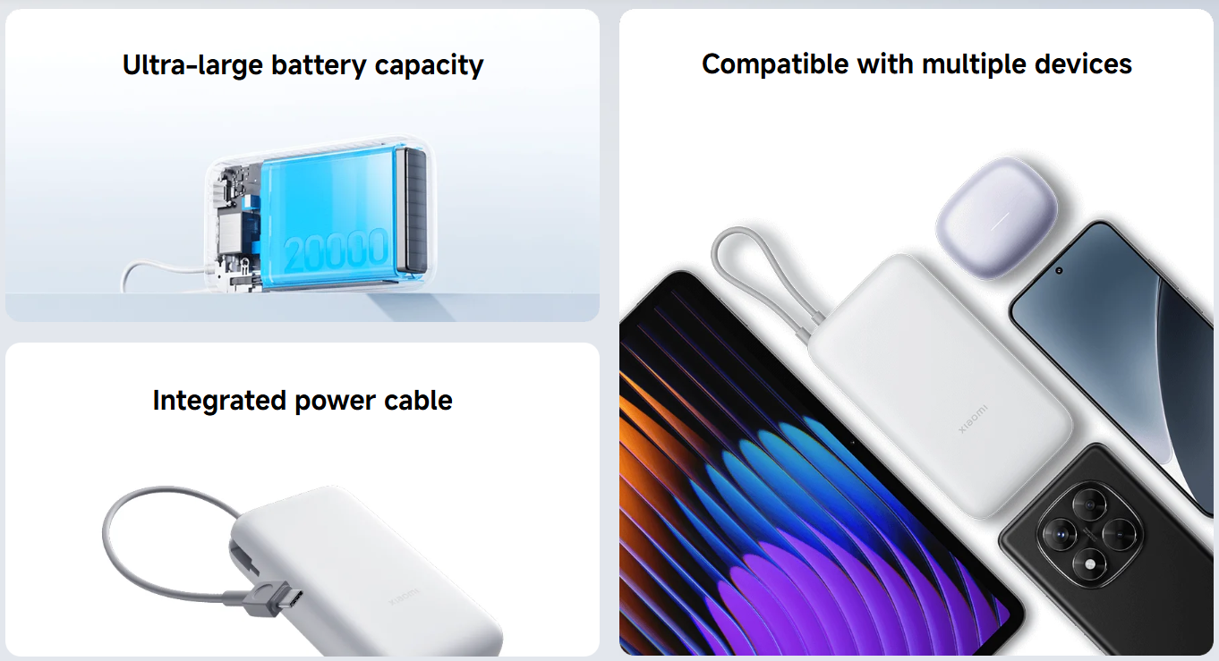 【Xiaomi Official】Xiaomi Power Bank 20000 (Integrated Cable) - fast charging power bank, built in cable power bank, USB-C power bank, portable , for Android and iPhone , portable