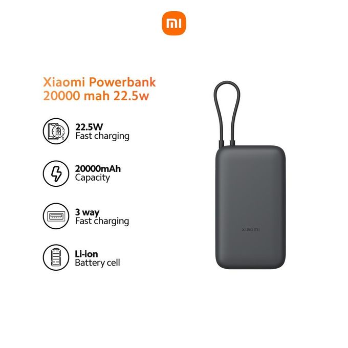 【Xiaomi Official】Xiaomi Power Bank 20000 (Integrated Cable) - fast charging power bank, built in cable power bank, USB-C power bank, portable , for Android and iPhone , portable