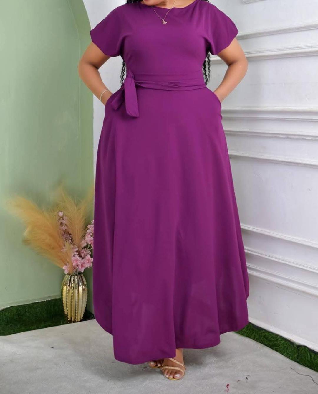 Classy One Shoulder Adjustable Sloping Neck Tie Waist Slim Fit Midi Dress Maxi Dress for Women Purple 🟣