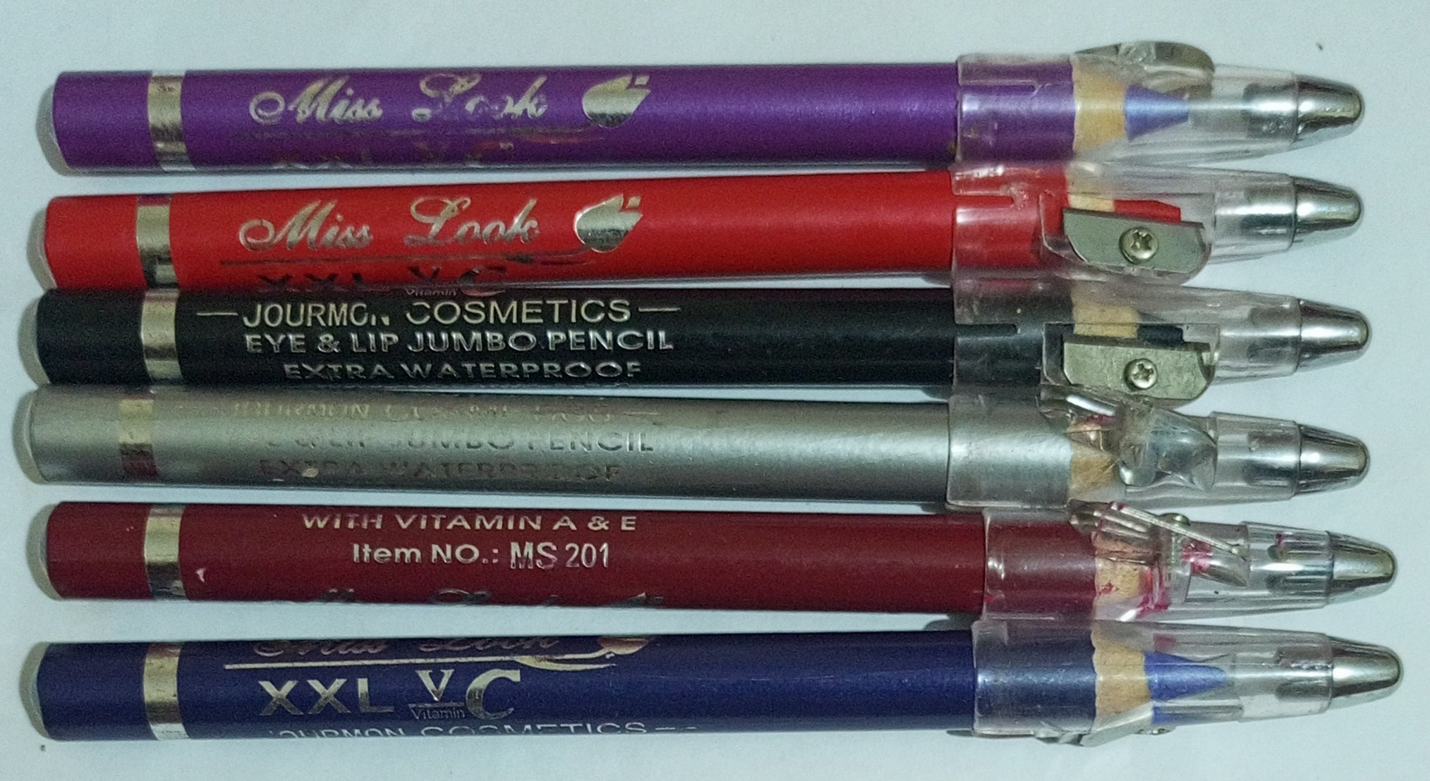 MISS LOOK 6pcs Jumbo XXL Bold Colours Waterproof Eye pencil Eyeliner Pen Lip Liner Pencils Colour Blocking Set
