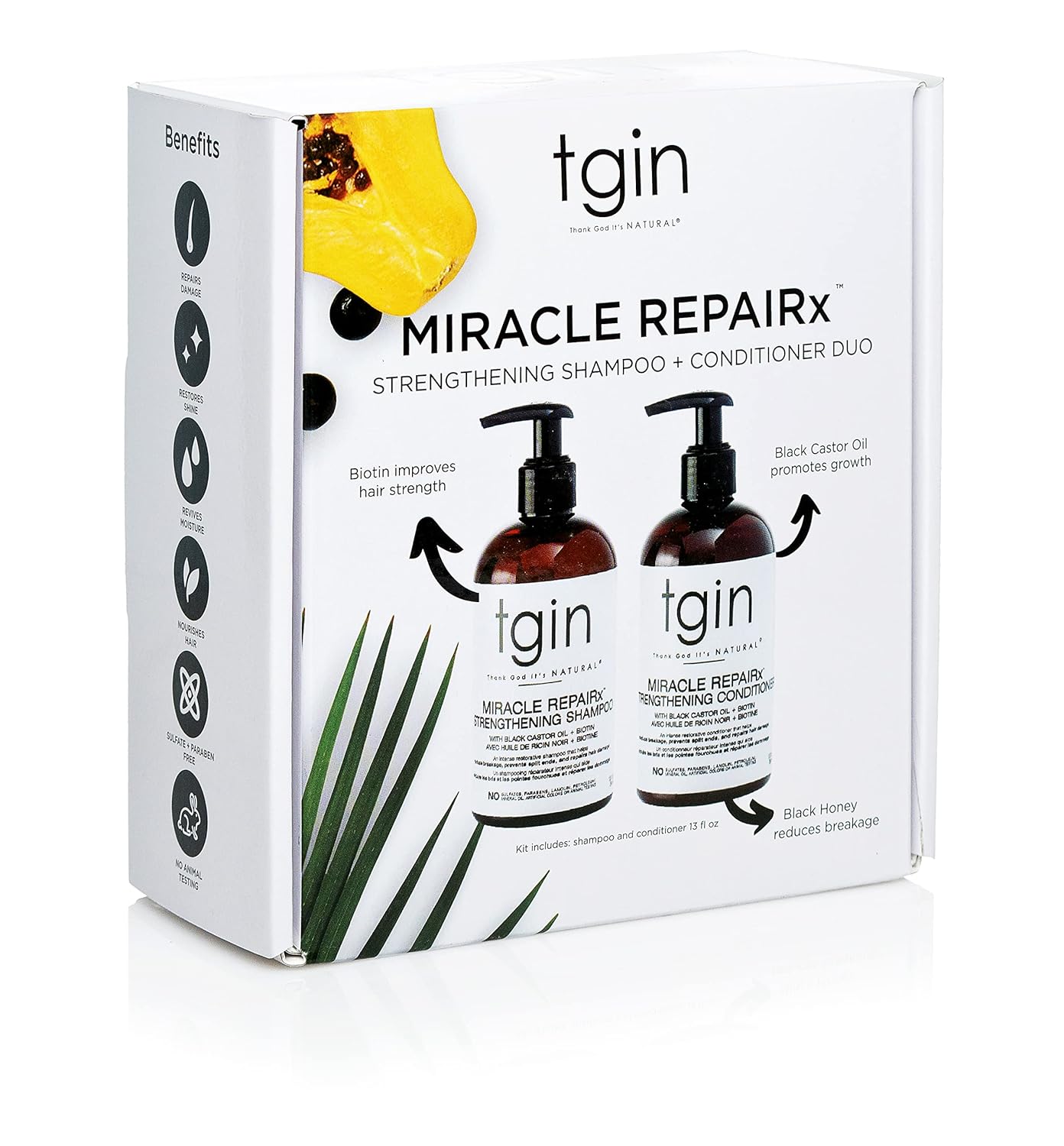 Thank God It's natural (TGIN) Miracle RepaiRx Strengthening Shampoo and Conditioner Duo for Curly, Coily and Wavy Hair, with Biotin and Black Castor Oil, Repairs and Restores Damaged