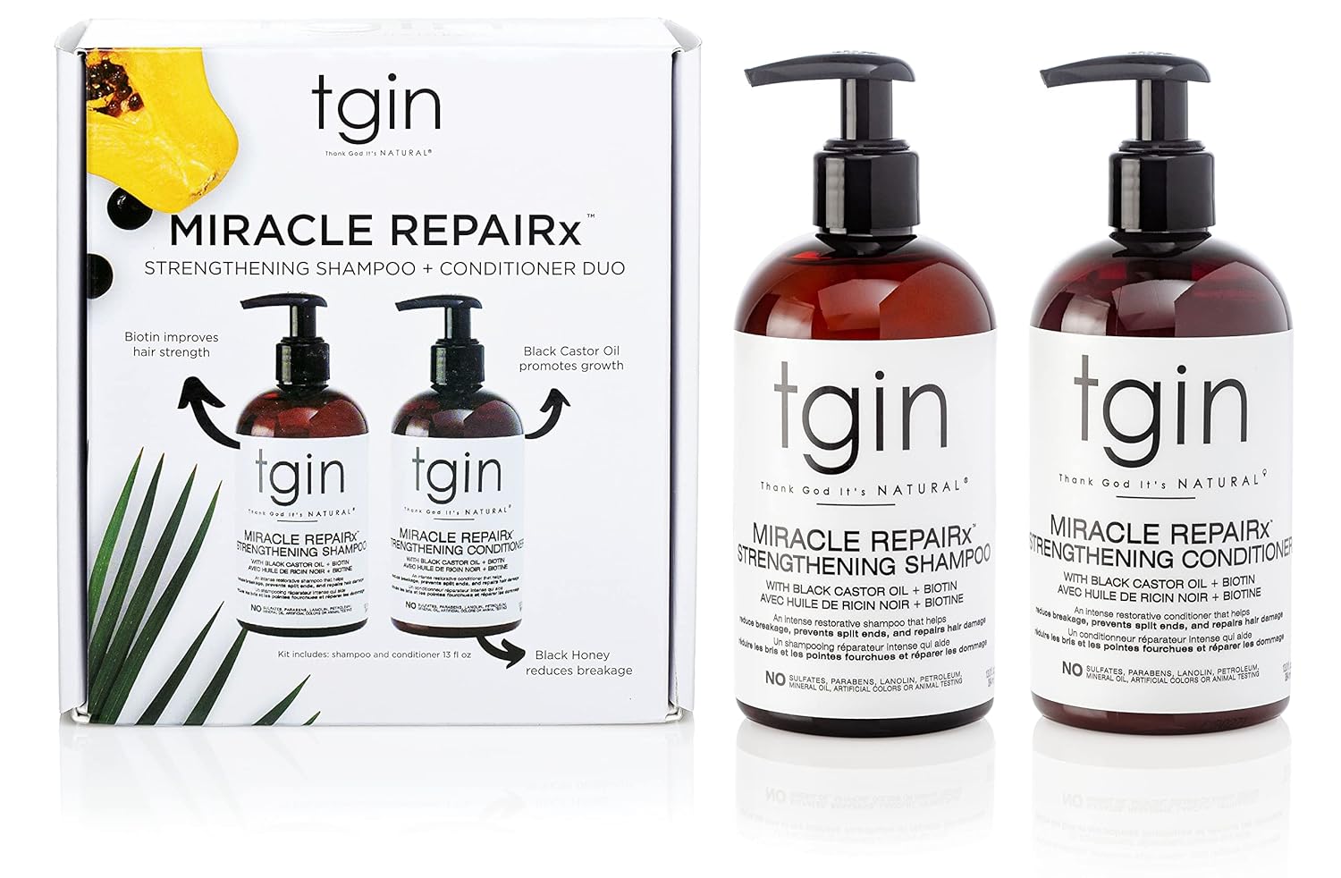 Thank God It's natural (TGIN) Miracle RepaiRx Strengthening Shampoo and Conditioner Duo for Curly, Coily and Wavy Hair, with Biotin and Black Castor Oil, Repairs and Restores Damaged