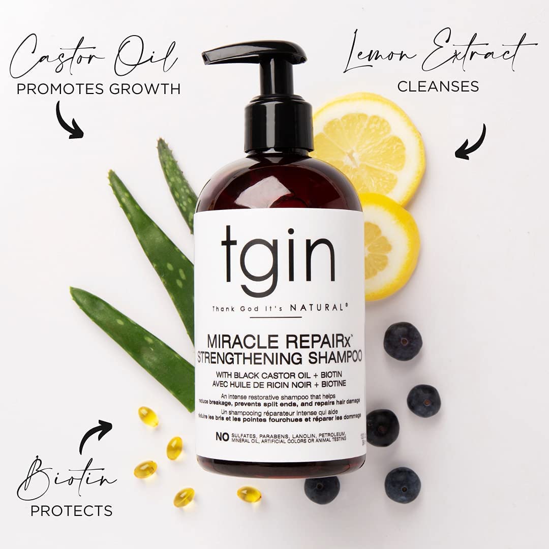Thank God It's natural (TGIN) Miracle RepaiRx Strengthening Shampoo and Conditioner Duo for Curly, Coily and Wavy Hair, with Biotin and Black Castor Oil, Repairs and Restores Damaged