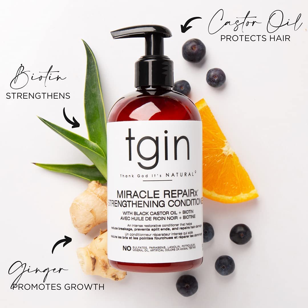 Thank God It's natural (TGIN) Miracle RepaiRx Strengthening Shampoo and Conditioner Duo for Curly, Coily and Wavy Hair, with Biotin and Black Castor Oil, Repairs and Restores Damaged