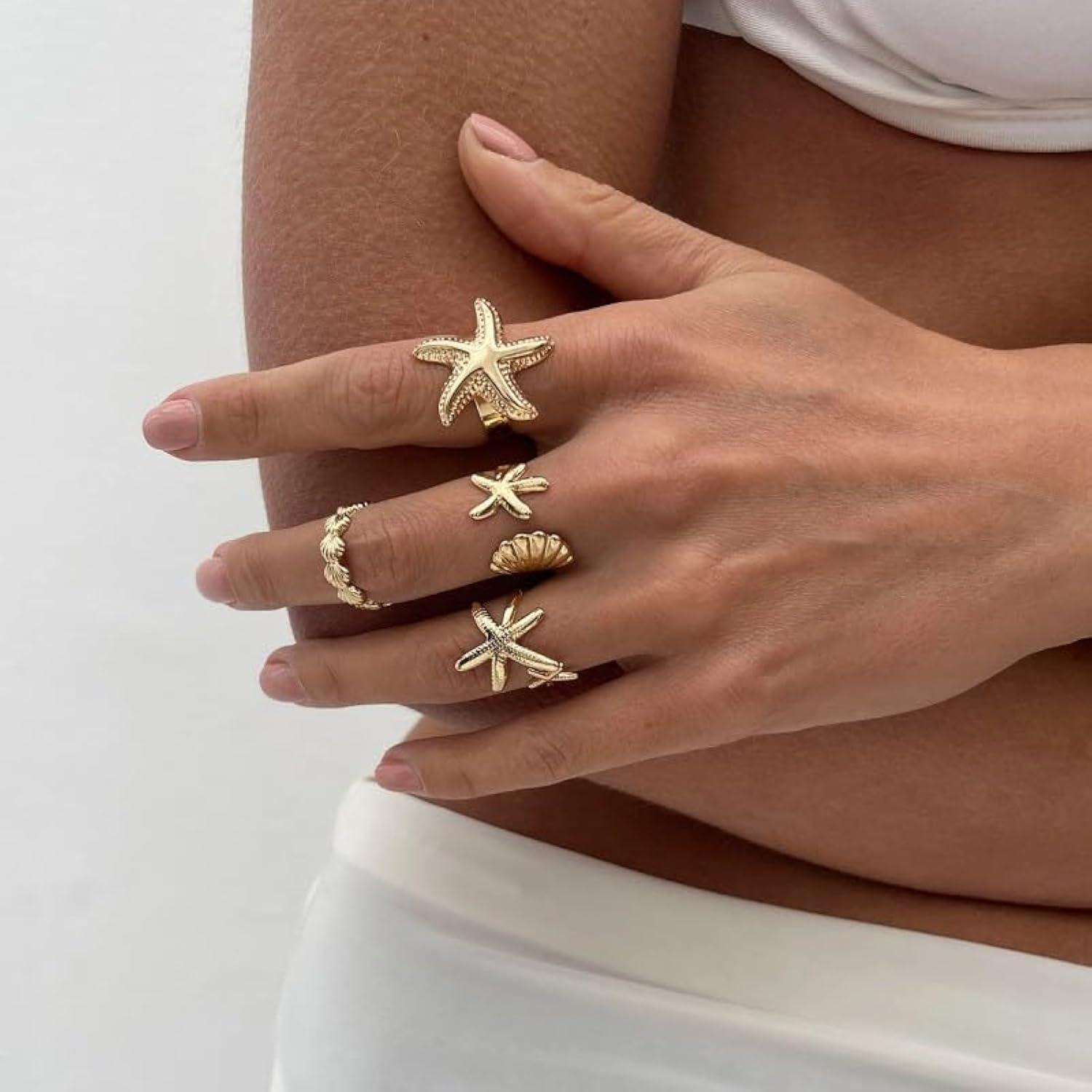 4PCS Women's Rings Set Starfish Shell Leaf Ring Ocean Style Fashion Women Gold Stackable Exaggerated Jewelry Set For Daily Use Party Nightclub Beach Trip Summer Vacation Birthday Gift For Her