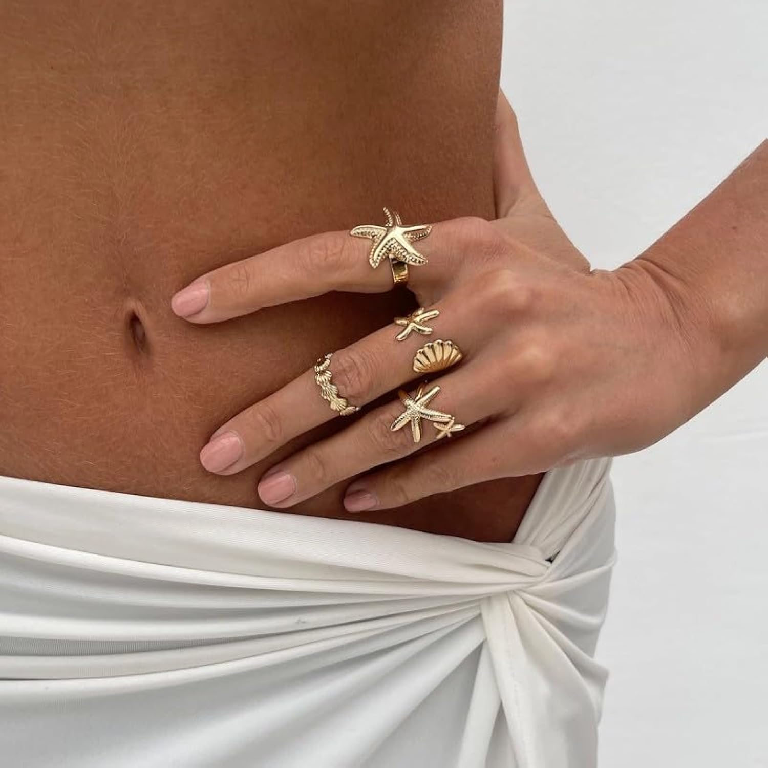 4PCS Women's Rings Set Starfish Shell Leaf Ring Ocean Style Fashion Women Gold Stackable Exaggerated Jewelry Set For Daily Use Party Nightclub Beach Trip Summer Vacation Birthday Gift For Her