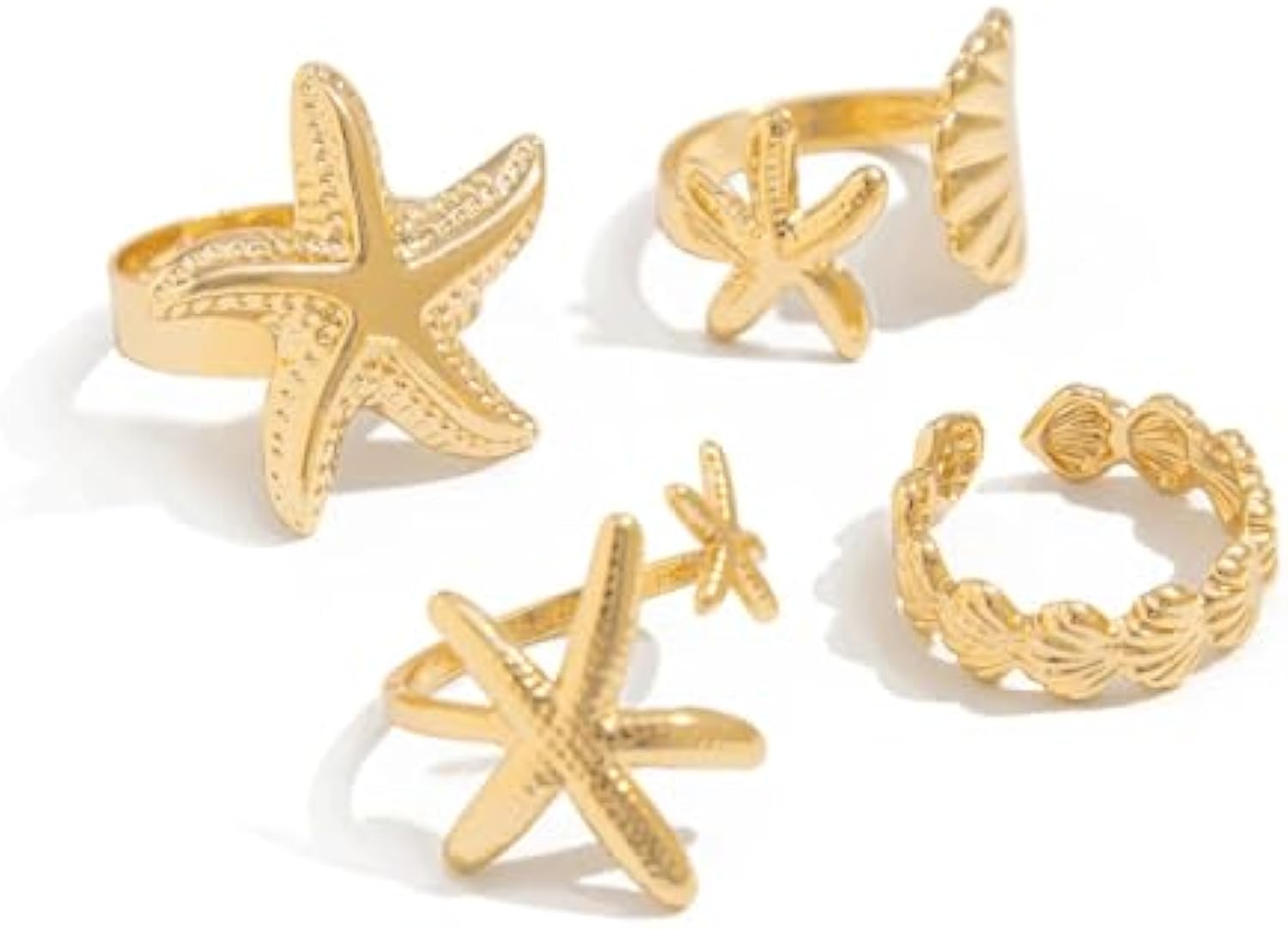 4PCS Women's Rings Set Starfish Shell Leaf Ring Ocean Style Fashion Women Gold Stackable Exaggerated Jewelry Set For Daily Use Party Nightclub Beach Trip Summer Vacation Birthday Gift For Her