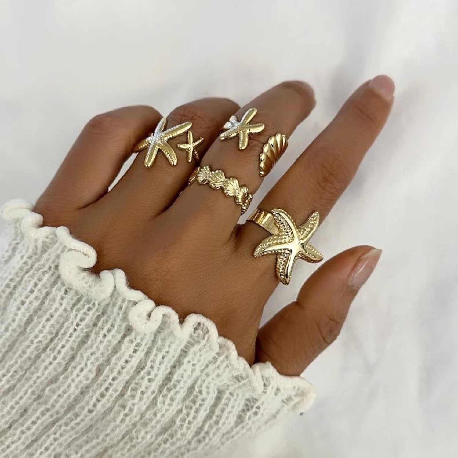 4PCS Women's Rings Set Starfish Shell Leaf Ring Ocean Style Fashion Women Gold Stackable Exaggerated Jewelry Set For Daily Use Party Nightclub Beach Trip Summer Vacation Birthday Gift For Her