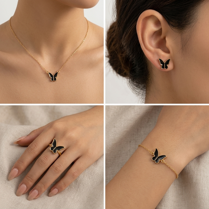 5PCS Women's Jewelry Set Earrings Necklaces Bracelets Rings Fashion Butterfly Jewelry Set Women's Butterfly Jewelry Couple Gifts