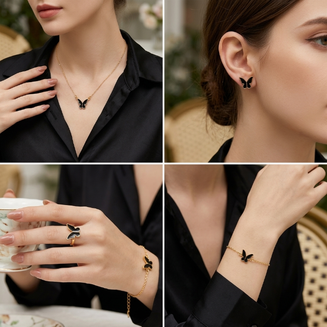 5PCS Women's Jewelry Set Earrings Necklaces Bracelets Rings Fashion Butterfly Jewelry Set Women's Butterfly Jewelry Couple Gifts