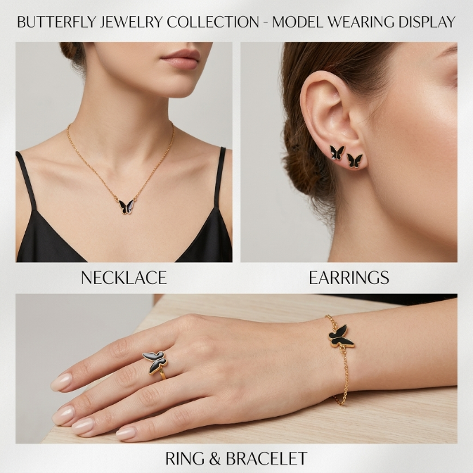 5PCS Women's Jewelry Set Earrings Necklaces Bracelets Rings Fashion Butterfly Jewelry Set Women's Butterfly Jewelry Couple Gifts